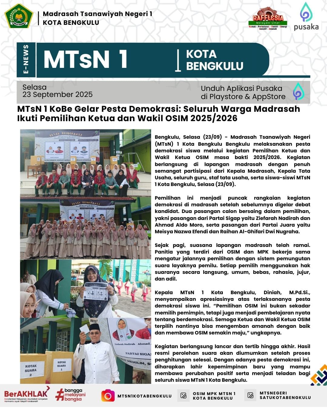 MTsN 1 Kota Bengkulu Gelar Pesta Demokrasi Tahunan Pemilihan Ketua – Wakil Ketua OSIM MTsN 1 Kota Bengkulu Masa Bakti 2025-2026